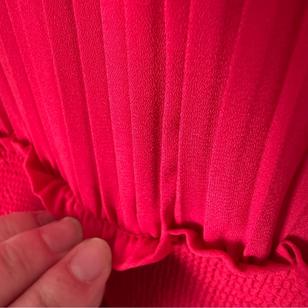 Nanette Lepore Red Smocked Pleated Dress Size 12 Mock Neck Evening Wedding - Picture 12 of 16